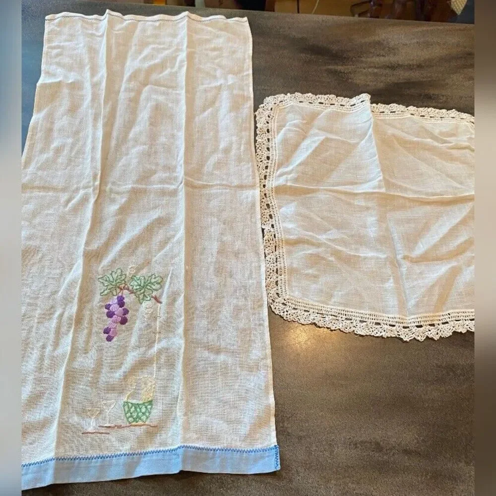 Pair Of Vintage Table Runners Cotton Linen Embroidered Grandmacore